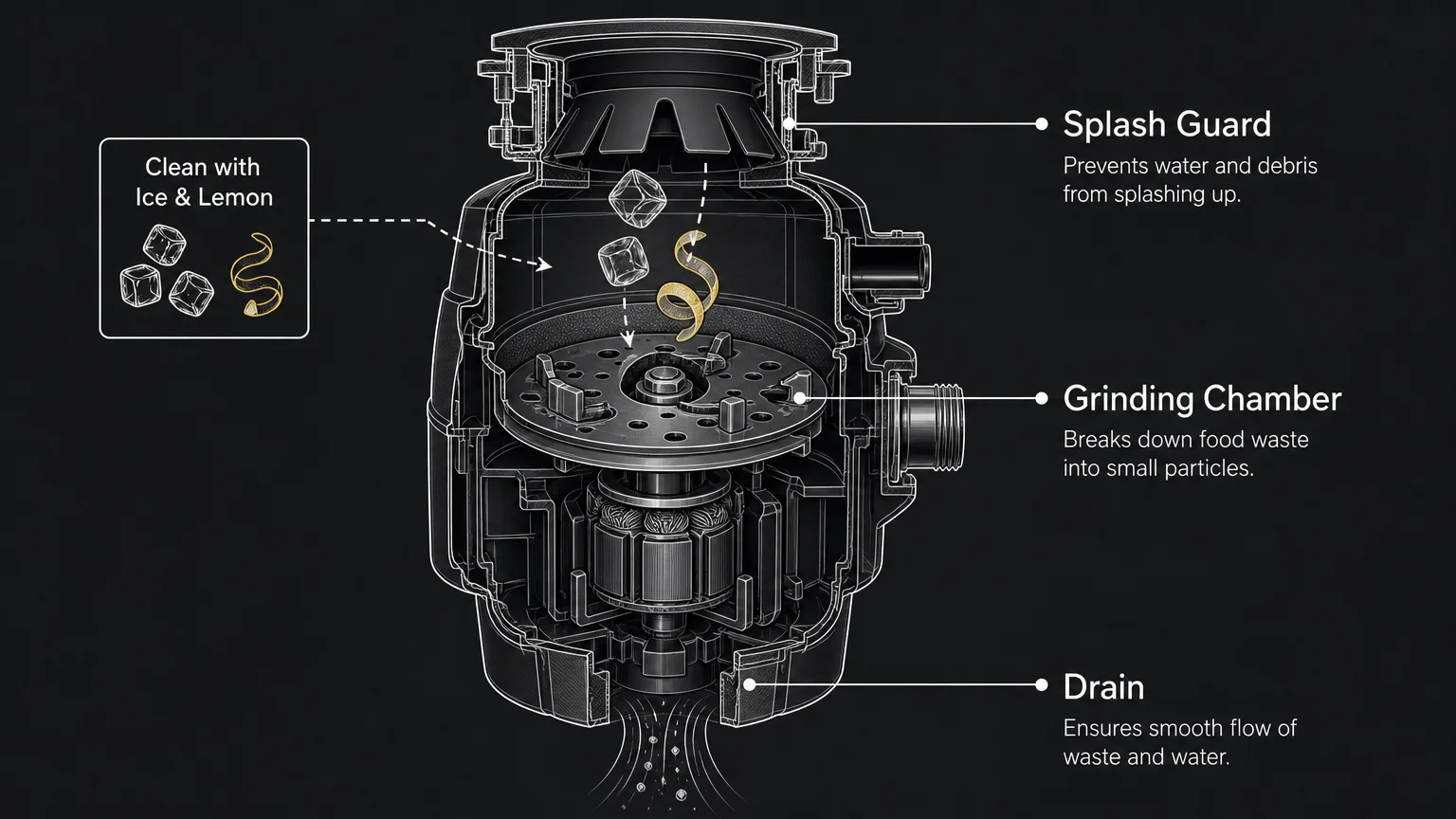An anatomical cross-section diagram of a garbage disposal unit with labels pointing to the splash guard, grinding chamber, and drain.