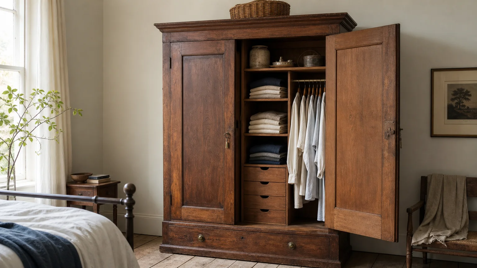 An antique wooden armoire with its door open, displaying an organized interior with shelves, drawers, and hanging clothes.