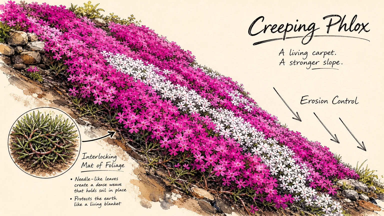 An artistic illustration of a steep garden slope covered in a thick blanket of magenta phlox blossoms.