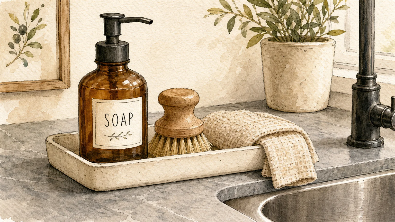 An artistic ink and watercolor drawing of an amber soap bottle, a wooden scrub brush, and a folded dishcloth in a tray by the sink.