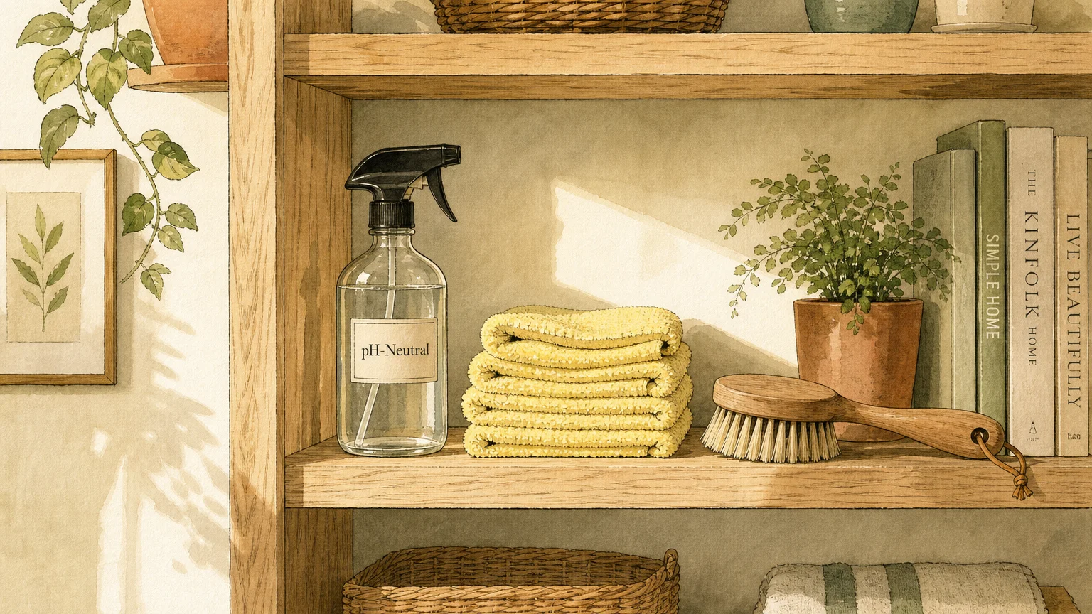 An editorial illustration of a clean, organized wooden shelf containing safe, pH-neutral cleaning products and soft cloths.