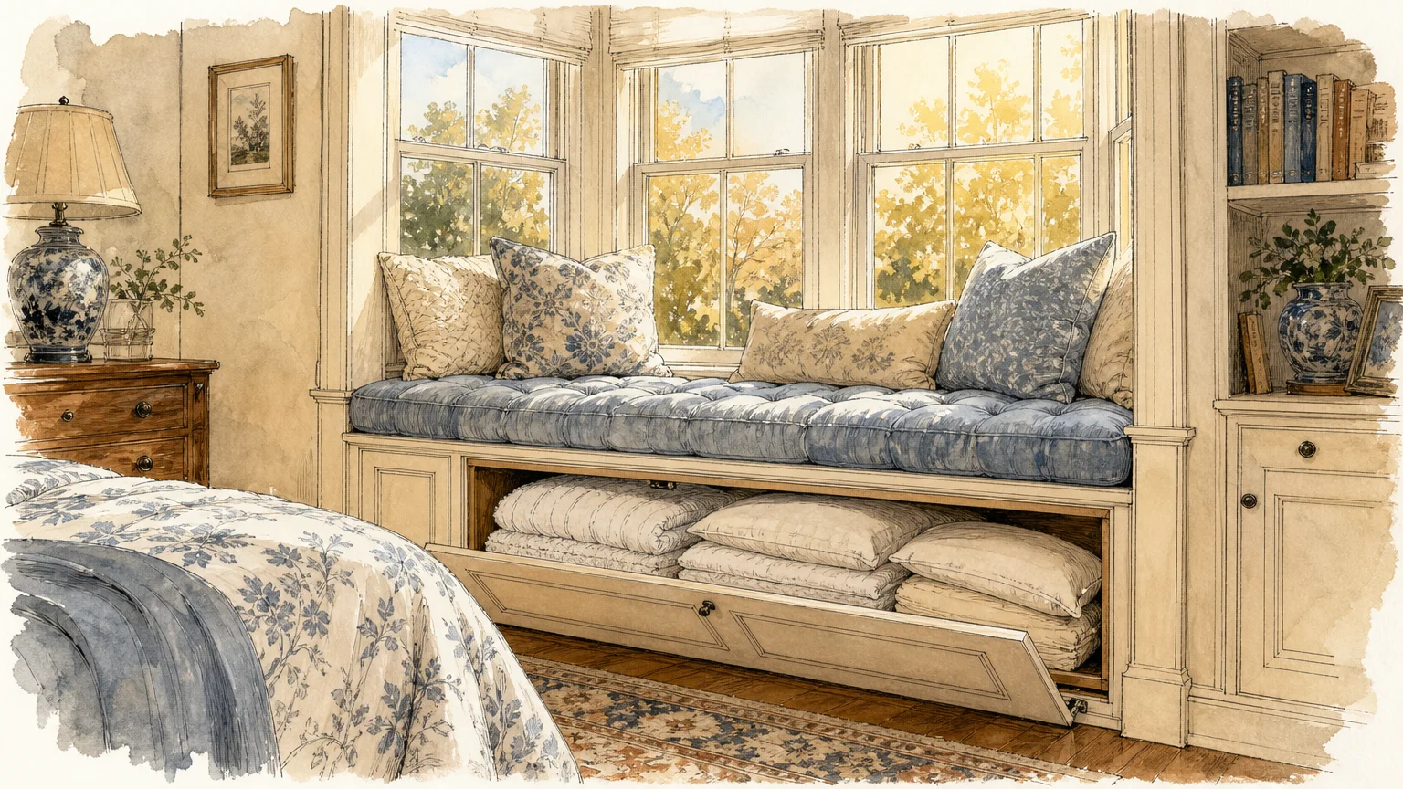 An editorial illustration of a cozy window seat bench with an open panel showing hidden blankets inside.