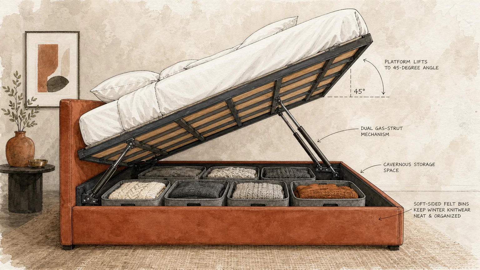 An editorial illustration of a hydraulic lift bed tilted open to reveal organized storage bins underneath.