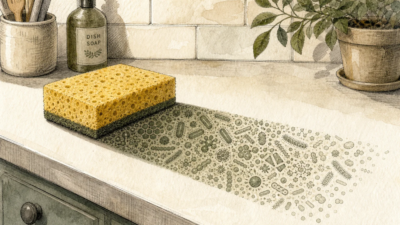 An editorial illustration of a kitchen sponge casting a shadow filled with microscopic bacterial patterns, highlighting cross-contamination.