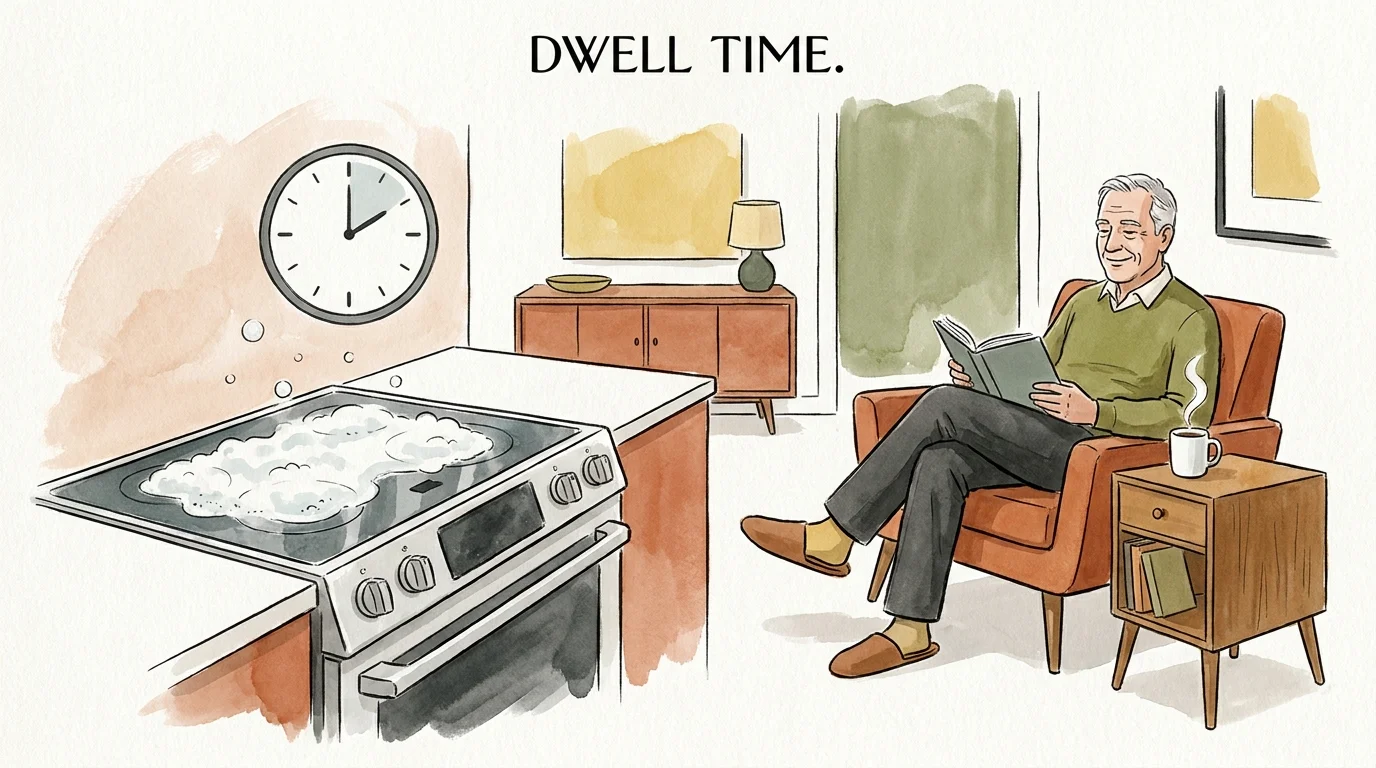 An editorial illustration of a man reading a book while a cleaning solution works on his stovetop in the background.