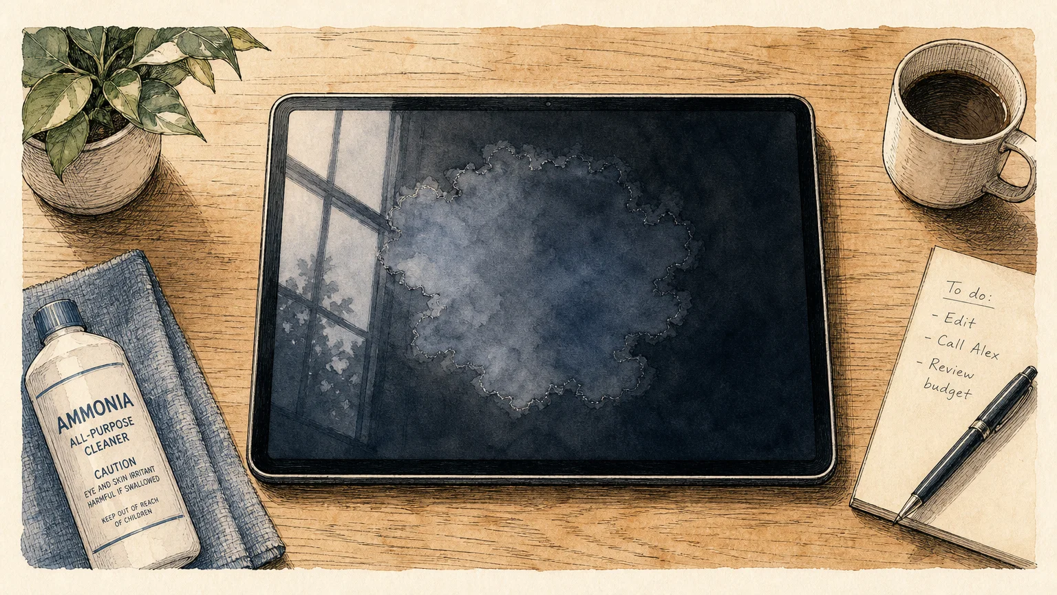 An editorial illustration of a tablet screen with a hazy, damaged anti-reflective coating from harsh glass cleaner.