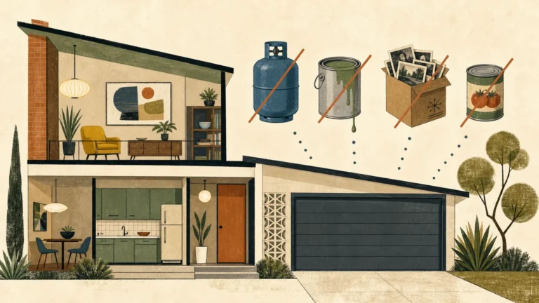 An editorial mid-century illustration of household items like paint and propane crossed out above a garage, indicating unsafe storage.