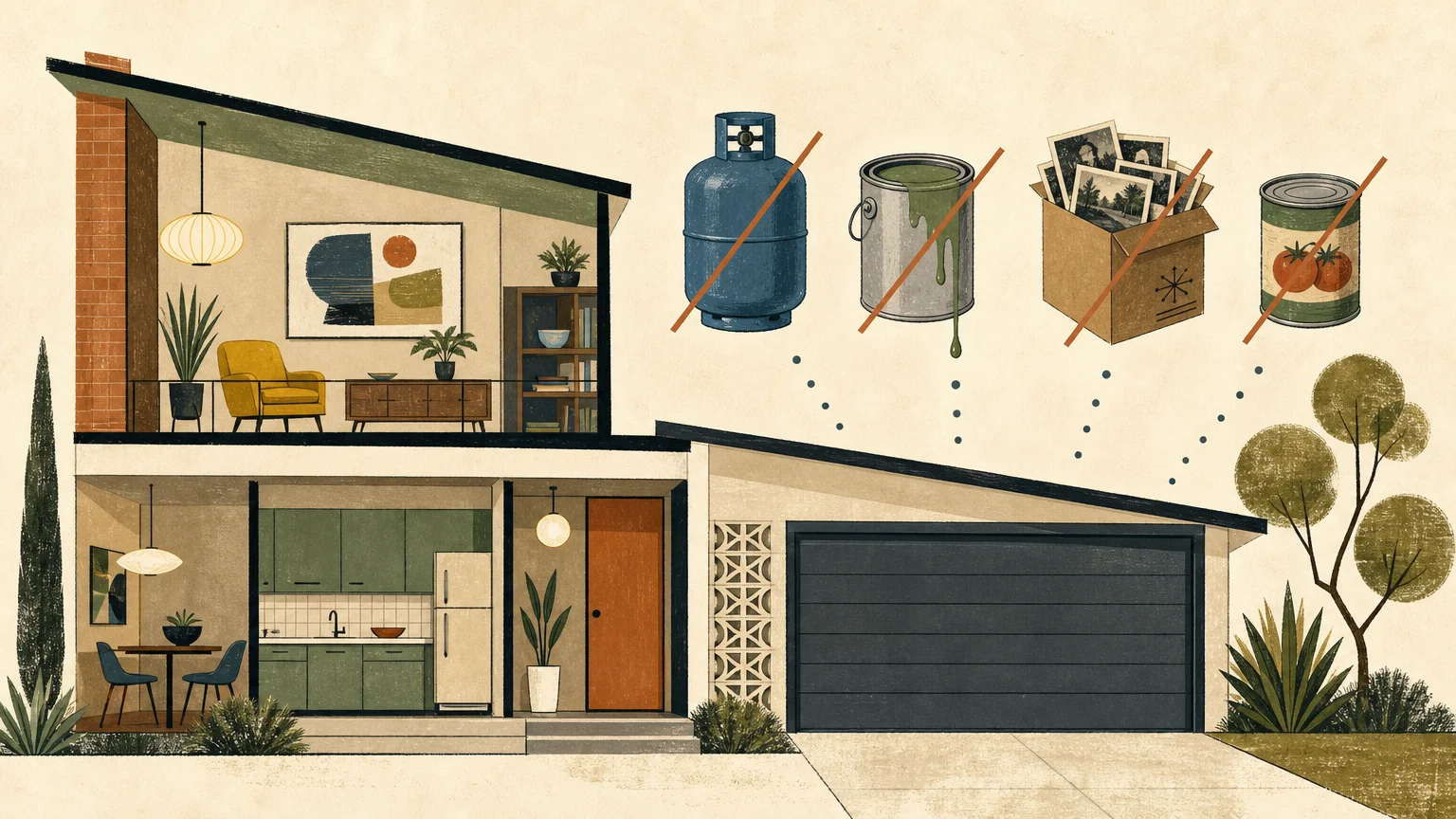 An editorial mid-century illustration of household items like paint and propane crossed out above a garage, indicating unsafe storage.