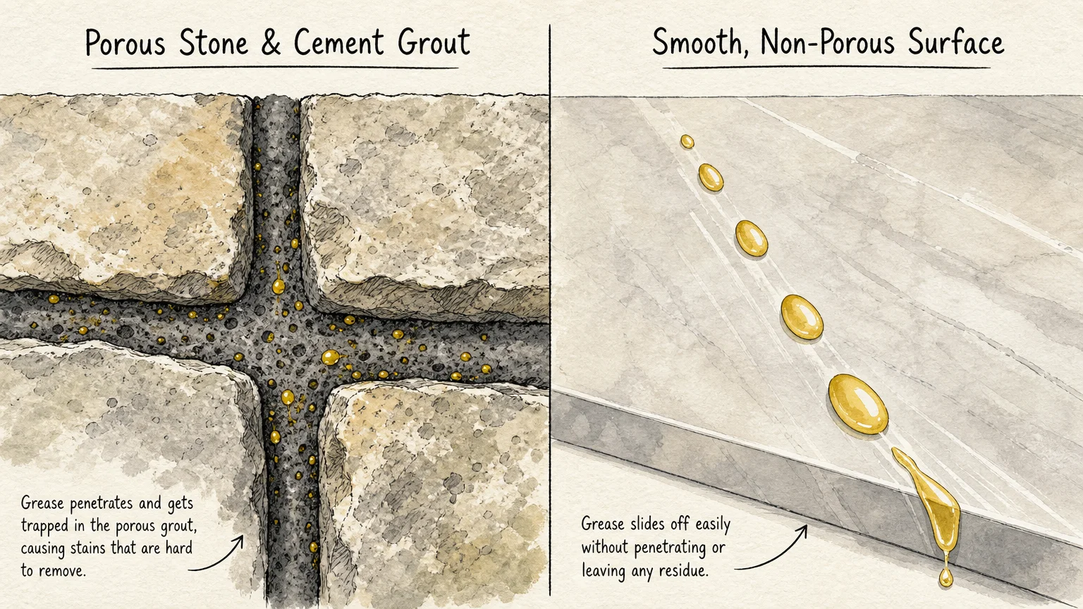 An editorial split-screen illustration showing grease trapped in textured grout versus sliding off a smooth, non-porous kitchen surface.