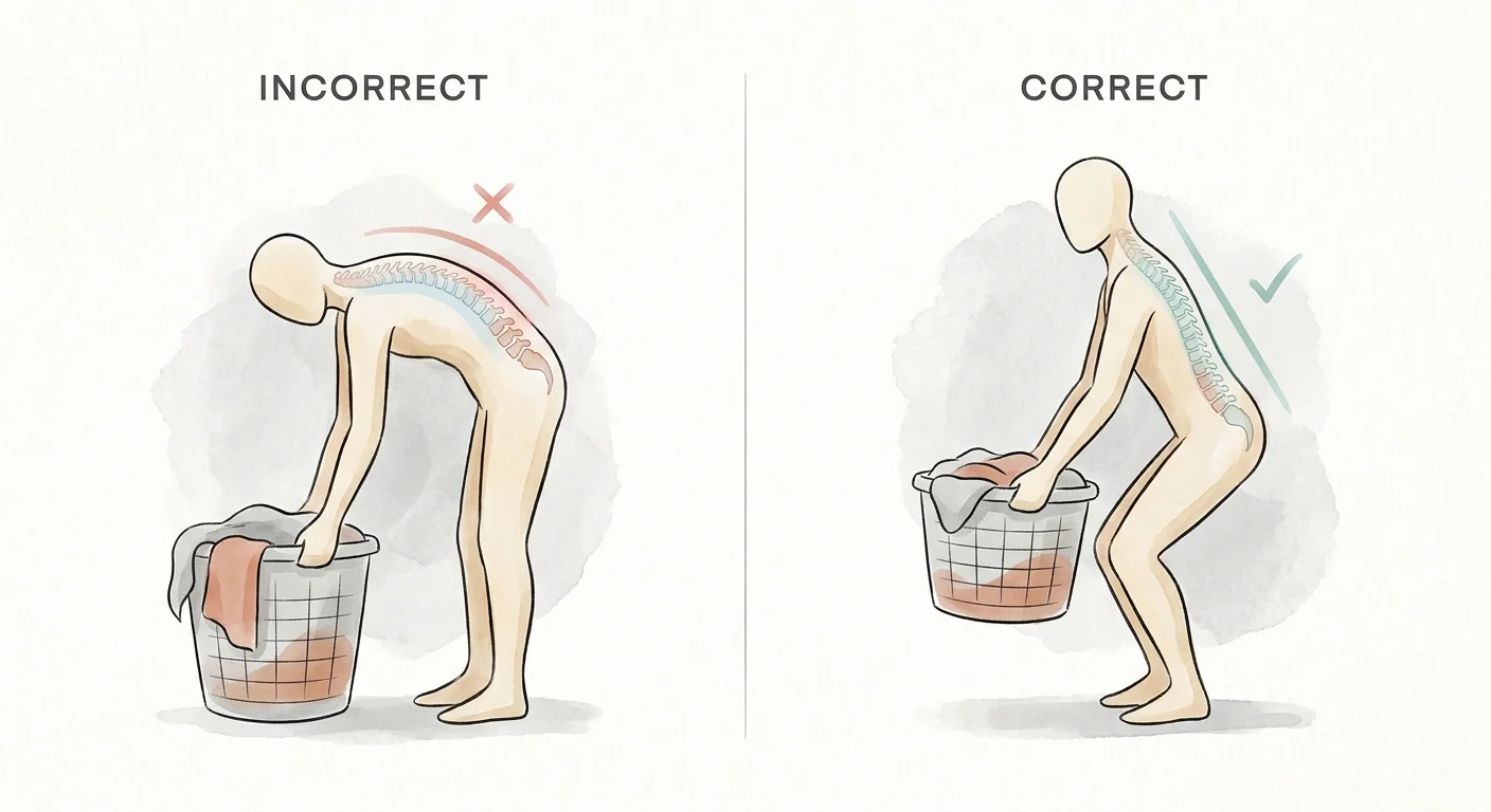 An educational illustration showing correct posture: bending at the knees to lift rather than hunching the back.