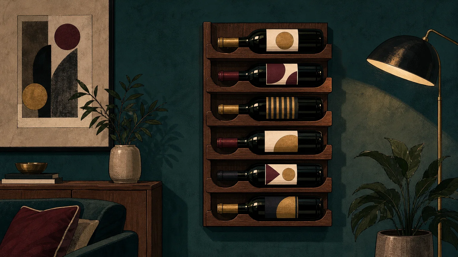 An elegant mid-century illustration of wine bottles resting horizontally in a dark wood rack against a teal wall.
