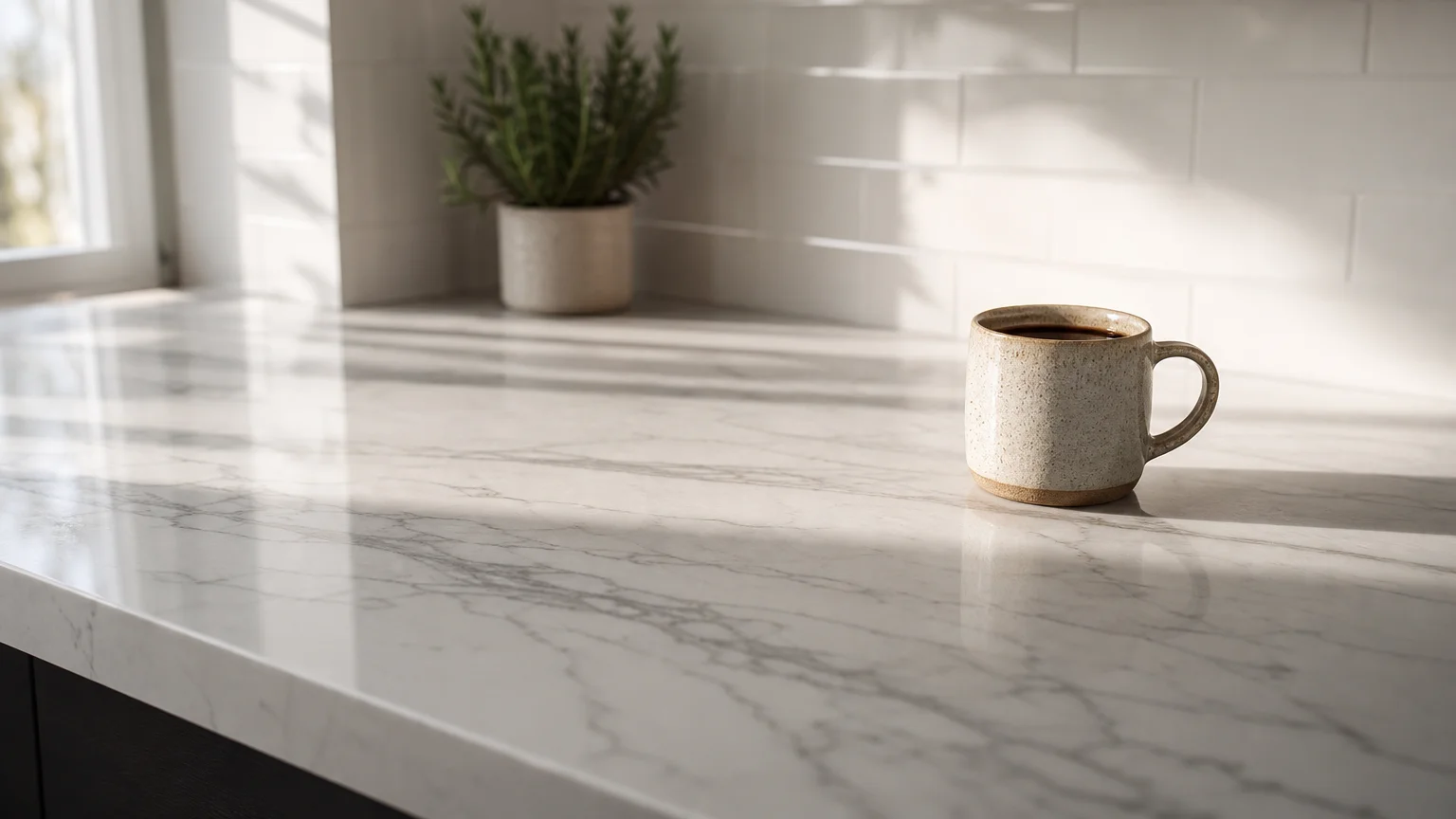 An expansive, clutter-free marble kitchen counter reflecting soft morning light, with only a single ceramic coffee mug.