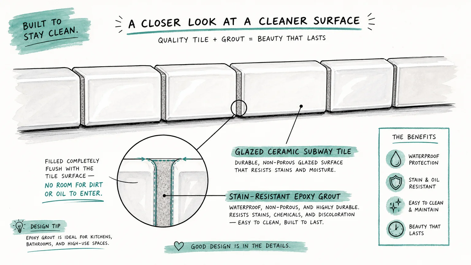 An illustrated diagram showing a cross-section of glazed ceramic subway tiles sealed with flush, stain-resistant epoxy grout.