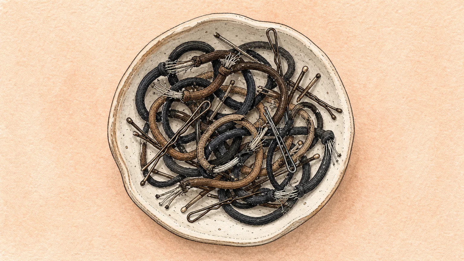 An illustration of a ceramic dish filled with stretched hair elastics and broken bobby pins.