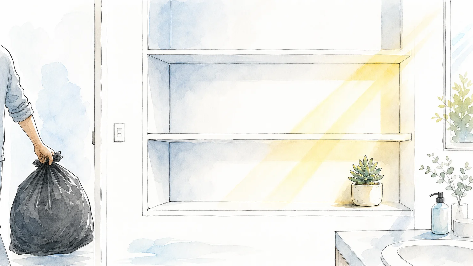 An illustration of a clean, empty bathroom shelf with a single plant, representing the result of decluttering.