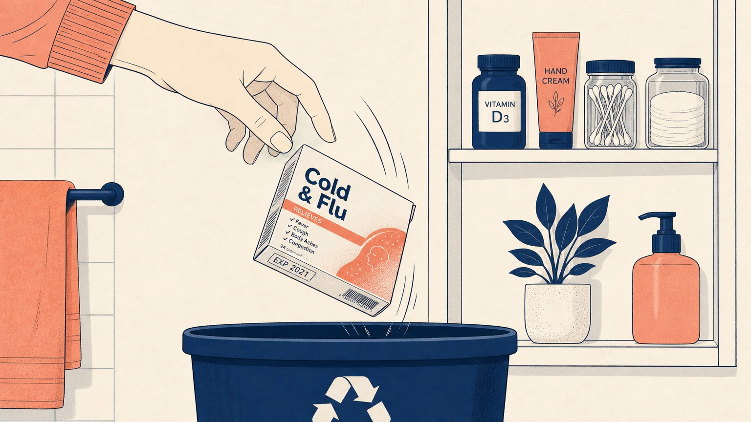 An illustration of a hand tossing an expired box of cold medicine into a bin, showing the expiration date 2021.