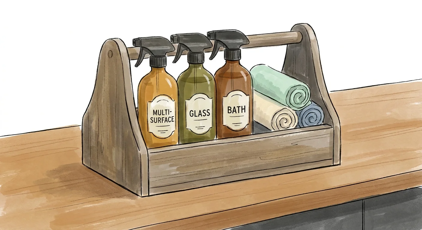 An illustration of a neat wooden cleaning caddy holding three amber spray bottles and pastel microfiber cloths.