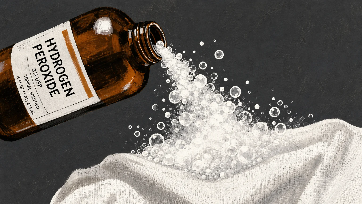 An illustration of an amber hydrogen peroxide bottle pouring a stylized cloud of white bubbles onto white canvas fabric.