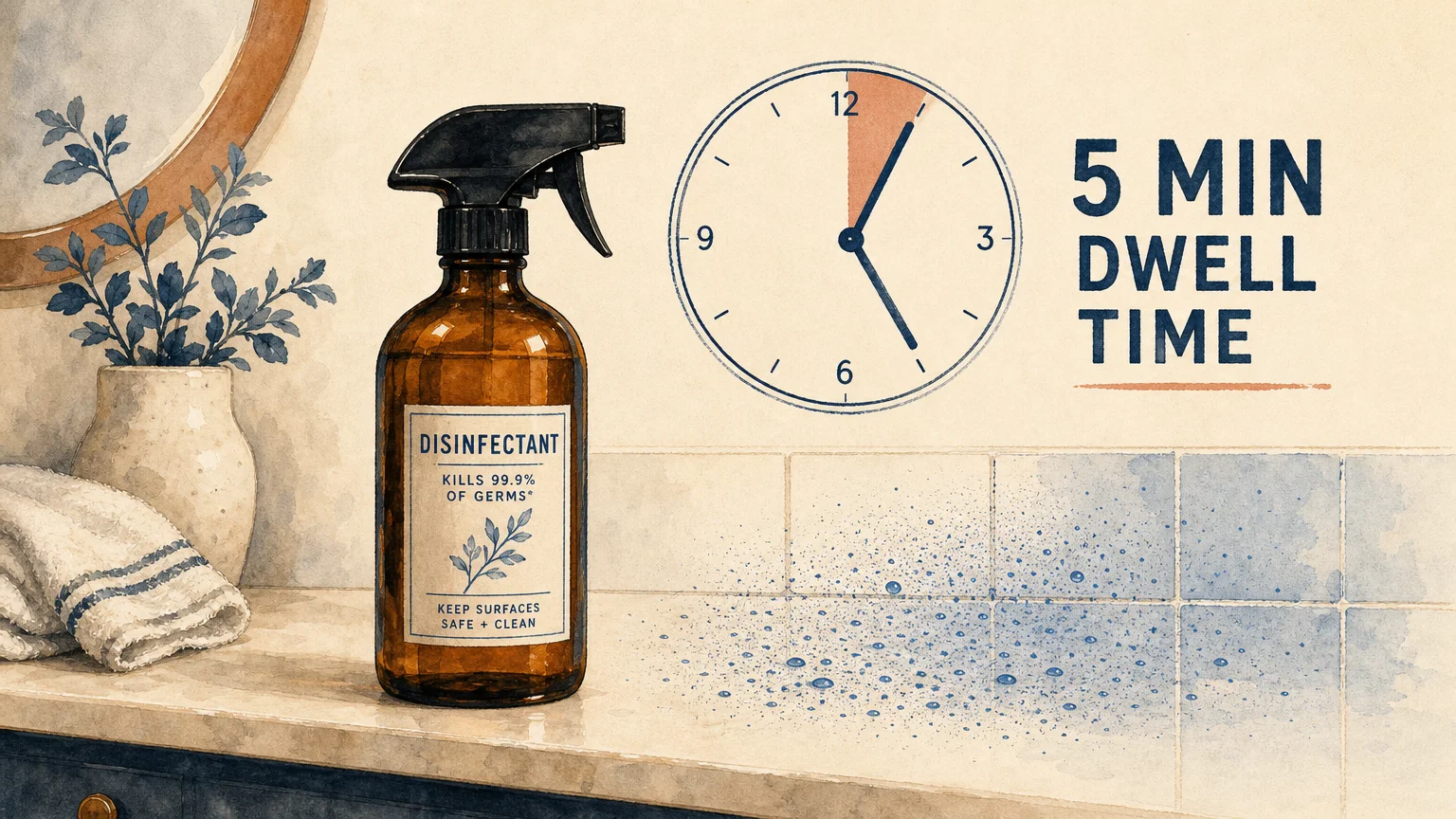 An illustration of an amber spray bottle next to a stylized clock showing a 5-minute dwell time for disinfectant spray.