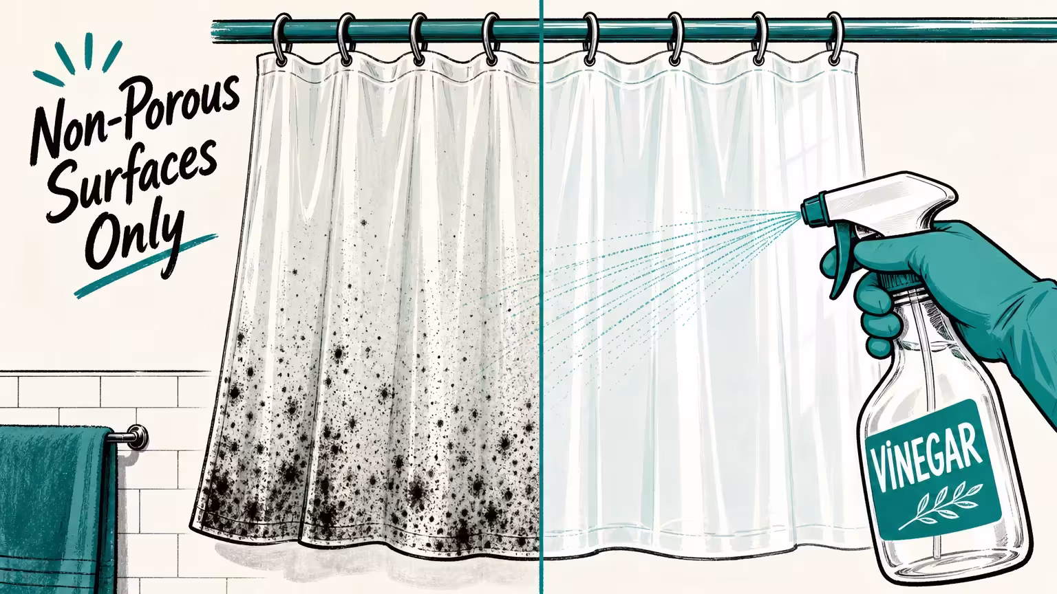 An illustration showing vinegar spray removing mildew from a shower curtain.