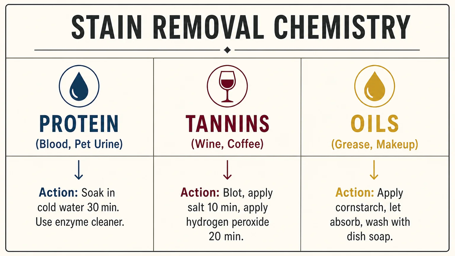 An infographic chart dividing stains into Protein, Tannin, and Oil categories with quick cleaning instructions.