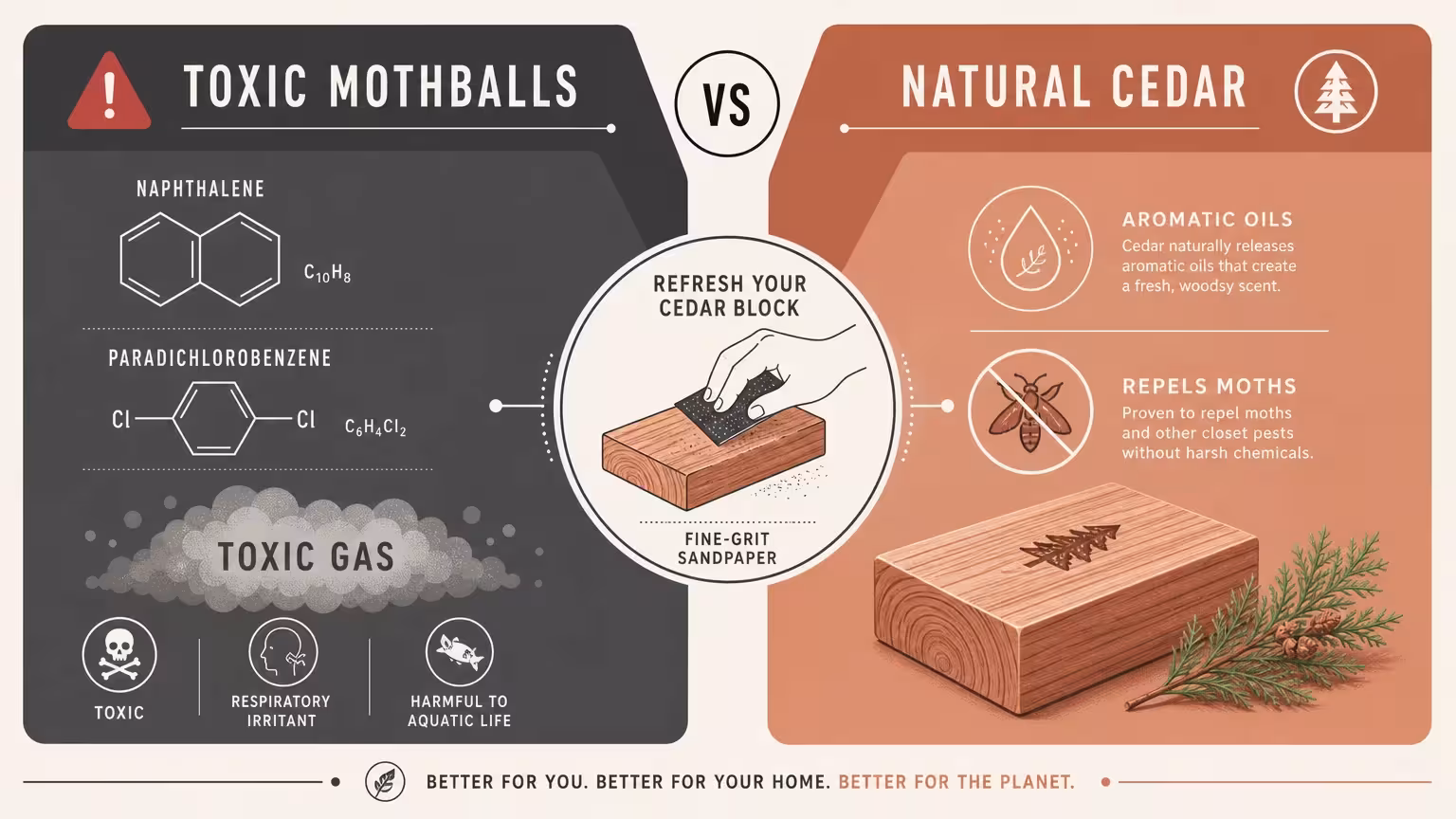 An infographic comparing toxic mothball chemicals with the natural aromatic benefits of cedar wood.