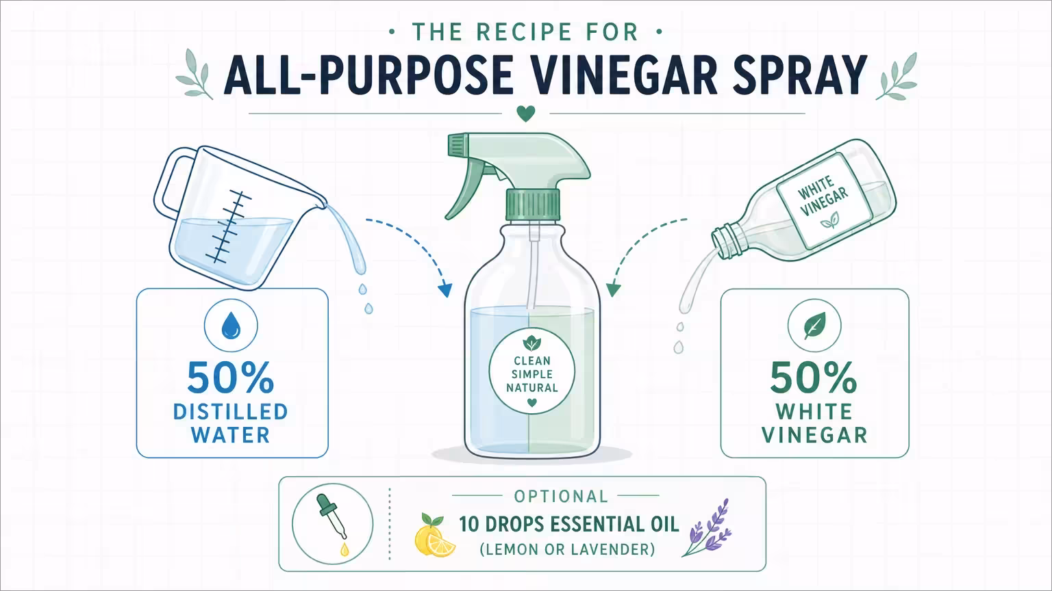 An infographic showing a 50/50 mix of distilled water and white vinegar for an all-purpose spray.