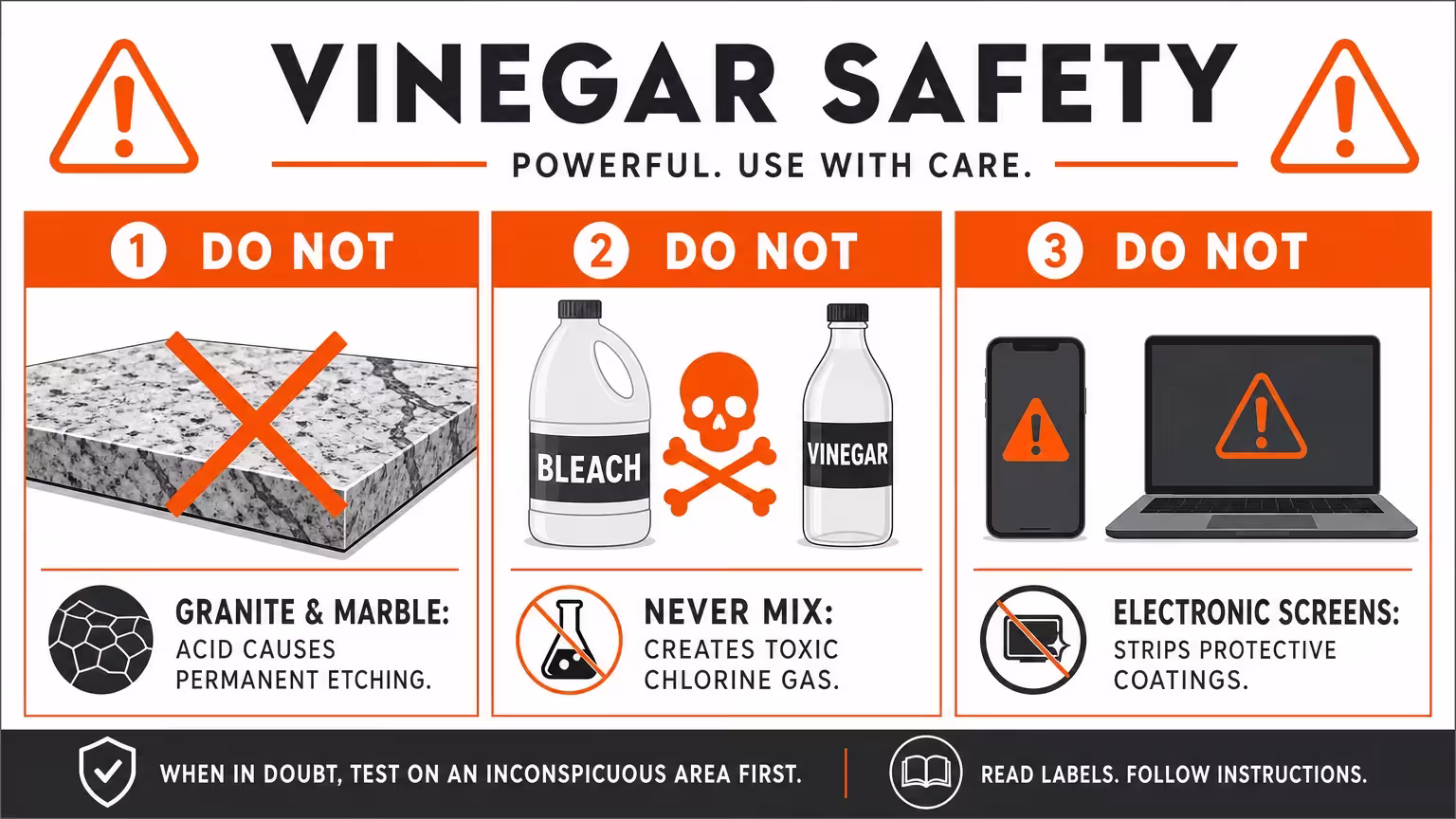 An infographic showing that vinegar should never be used on granite, mixed with bleach, or used on screens.