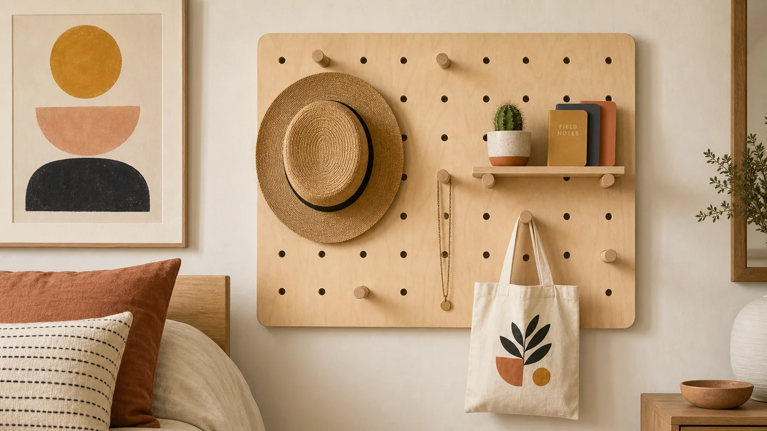 An ink and gouache illustration of a modern wooden pegboard hanging a hat, a bag, and a small potted plant.