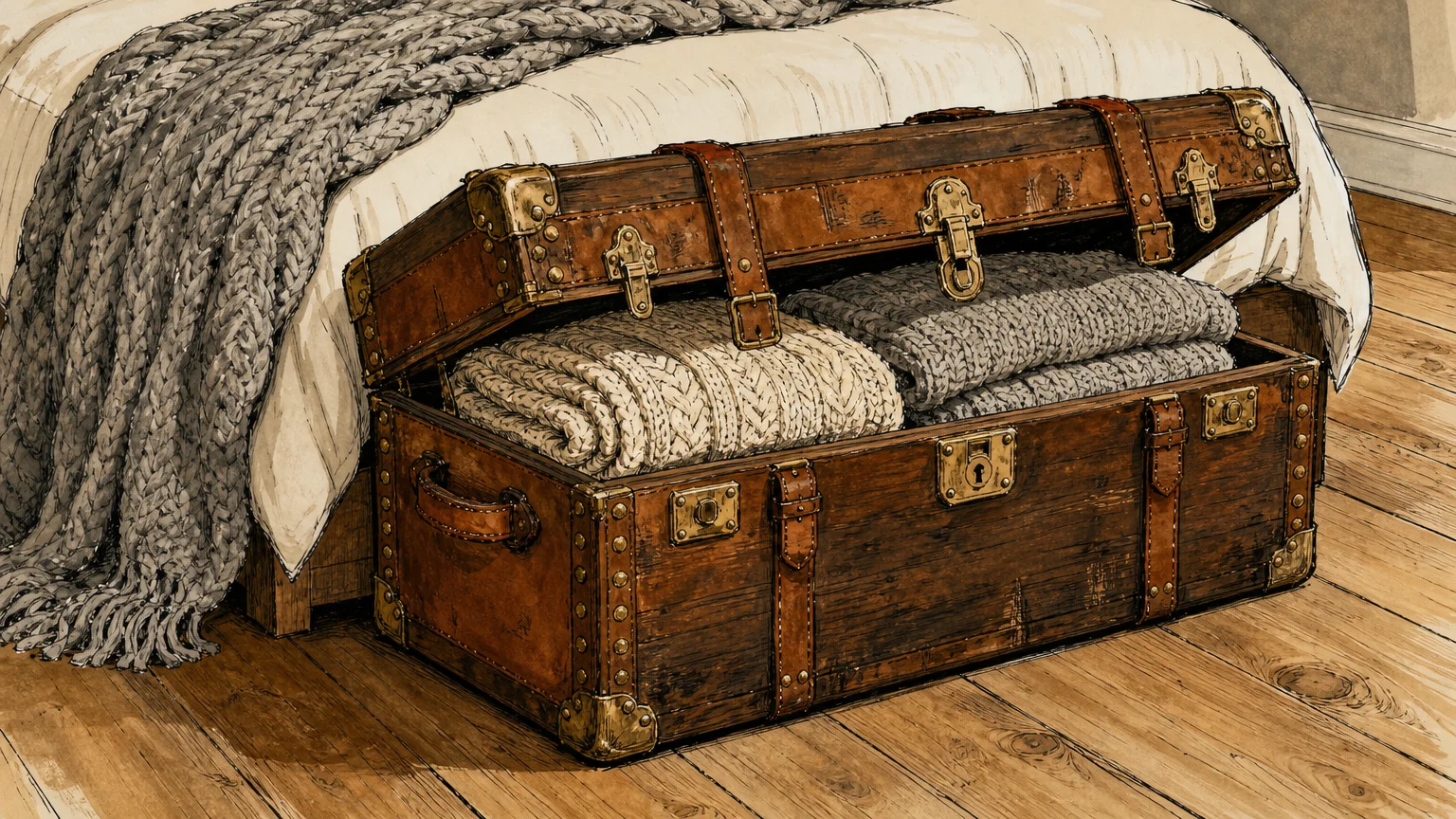 An ink and gouache illustration of a vintage leather trunk at the foot of a bed, filled with folded blankets.