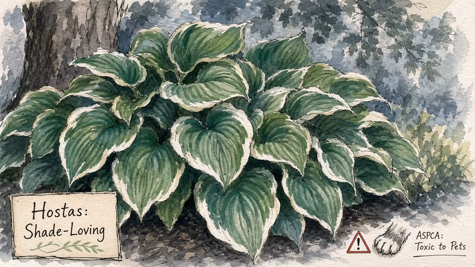 An ink and watercolor drawing of lush hosta plants with large, variegated green and white leaves.