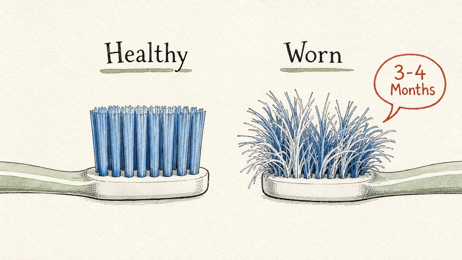 An ink and watercolor illustration comparing a new toothbrush with straight bristles to a frayed one that needs replacing.