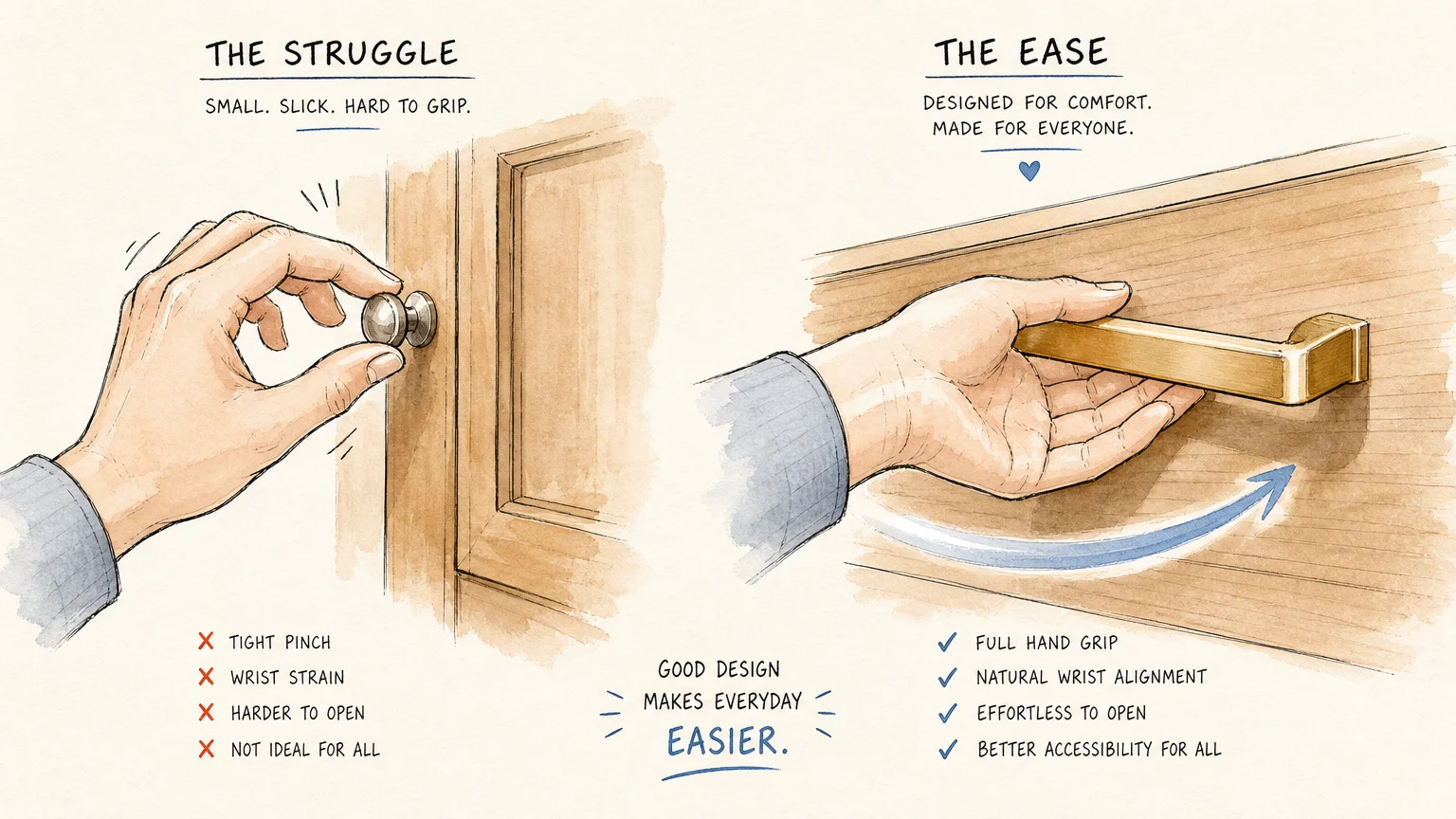 An ink and watercolor illustration comparing the difficulty of gripping a small round knob with the ease of pulling a long lever handle.