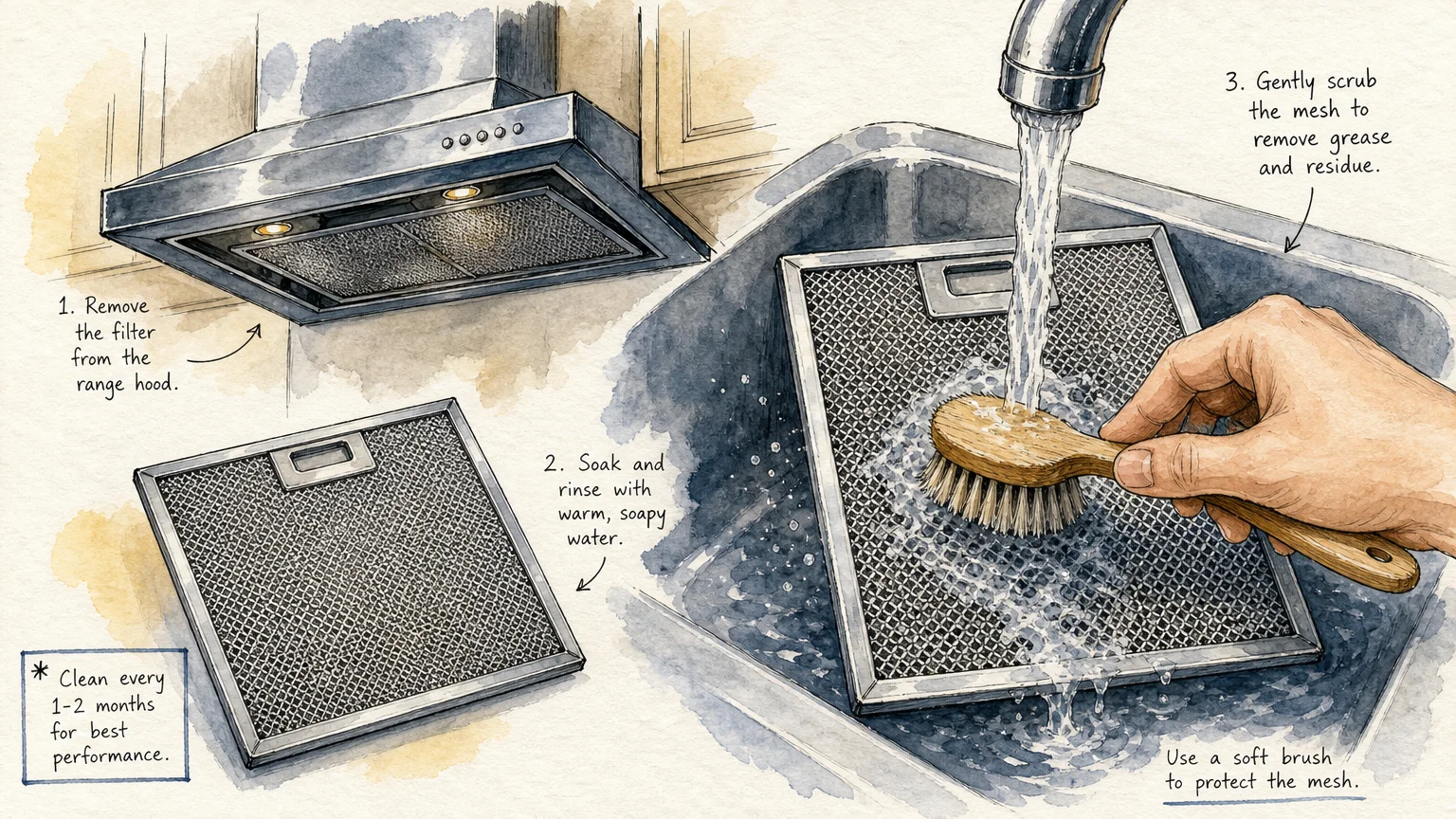 An ink and watercolor illustration of a hand gently brushing and washing a metallic mesh range hood filter under running water.