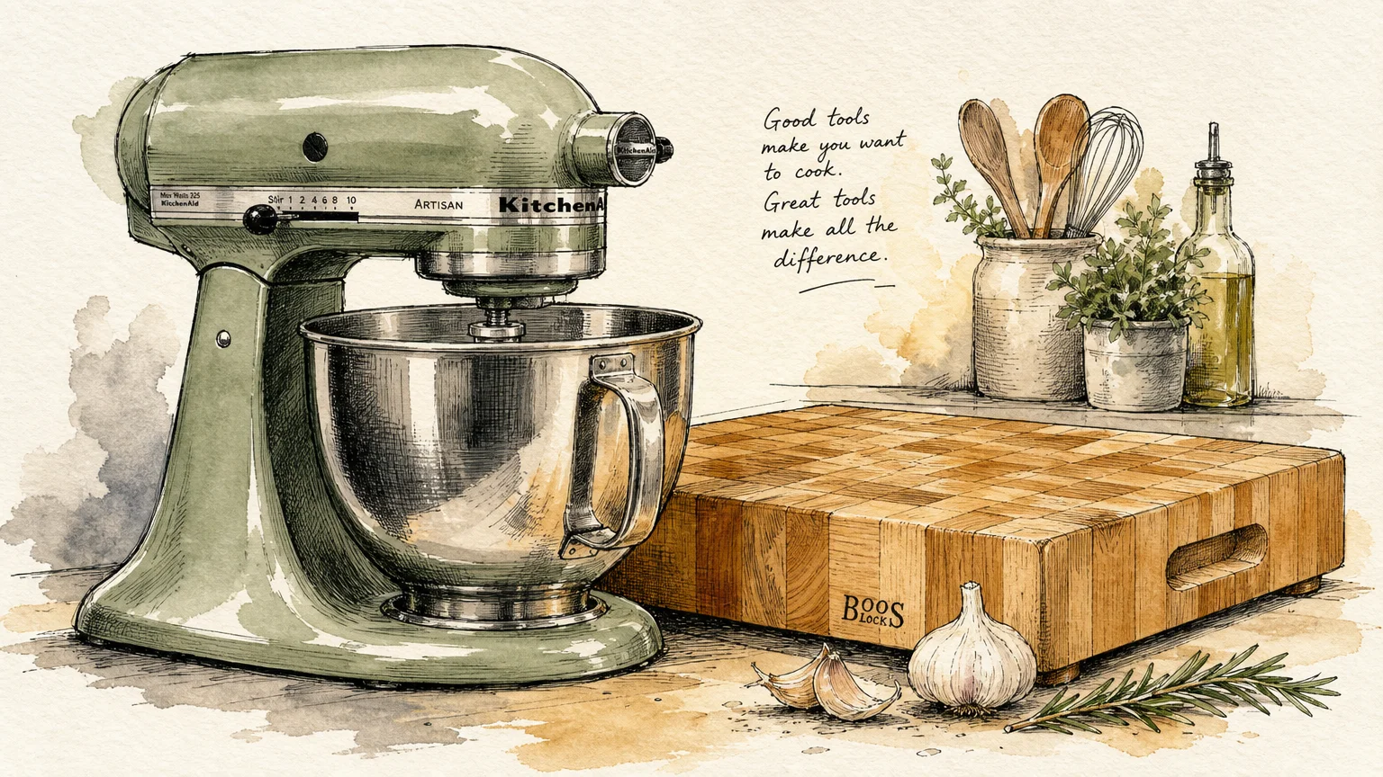 An ink and watercolor illustration of a sage green stand mixer and a thick wooden cutting board on a warm kitchen counter.