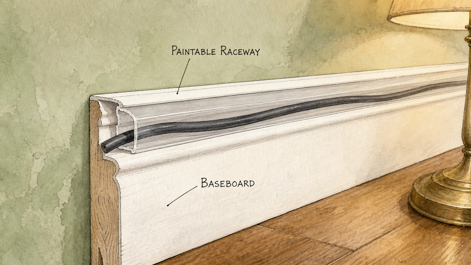 An ink and watercolor illustration of a white wall baseboard with a paintable cord raceway hiding a wire inside.