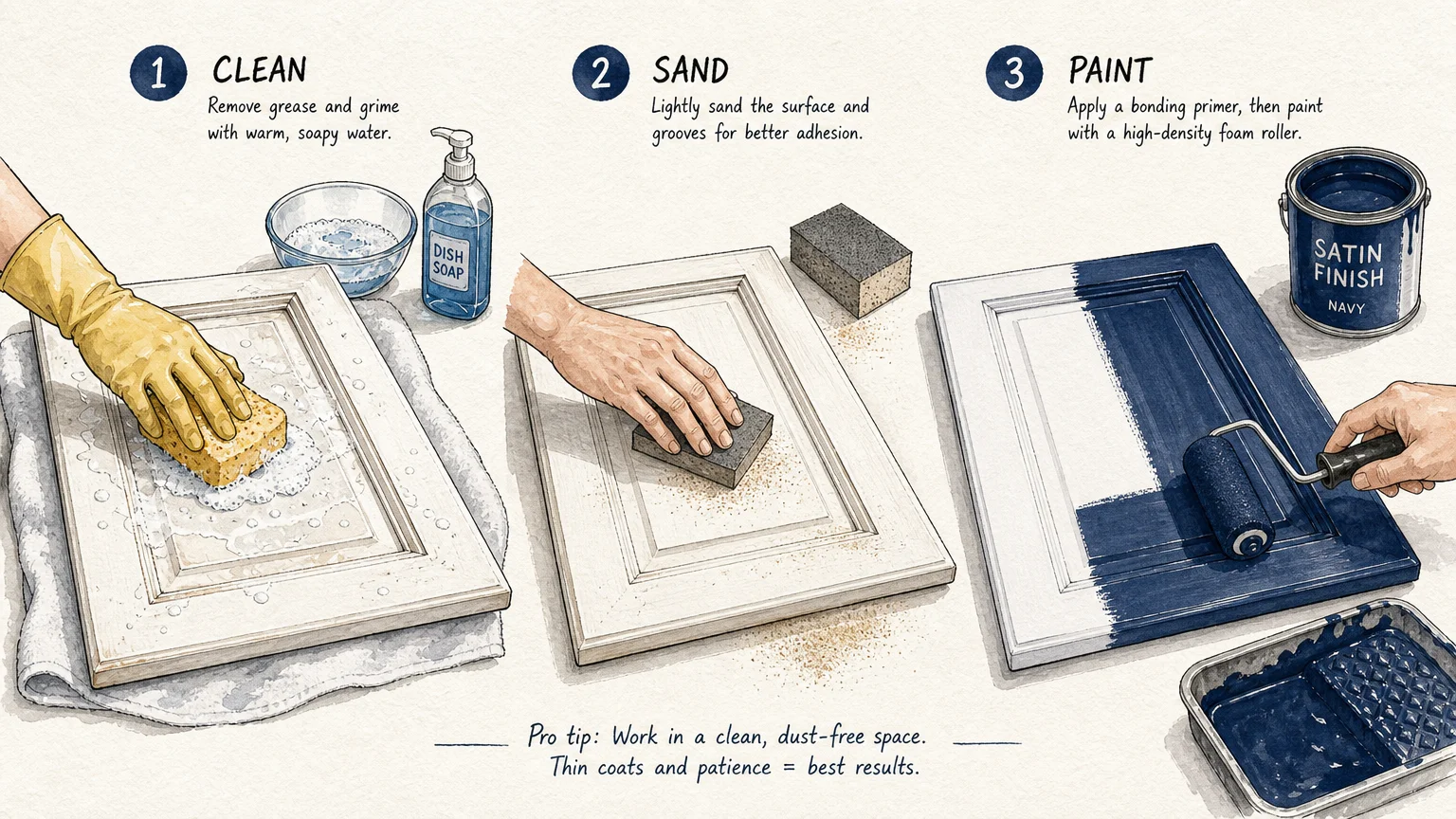 An ink and watercolor illustration showing the steps of cleaning, sanding, and painting a wooden bathroom cabinet door.