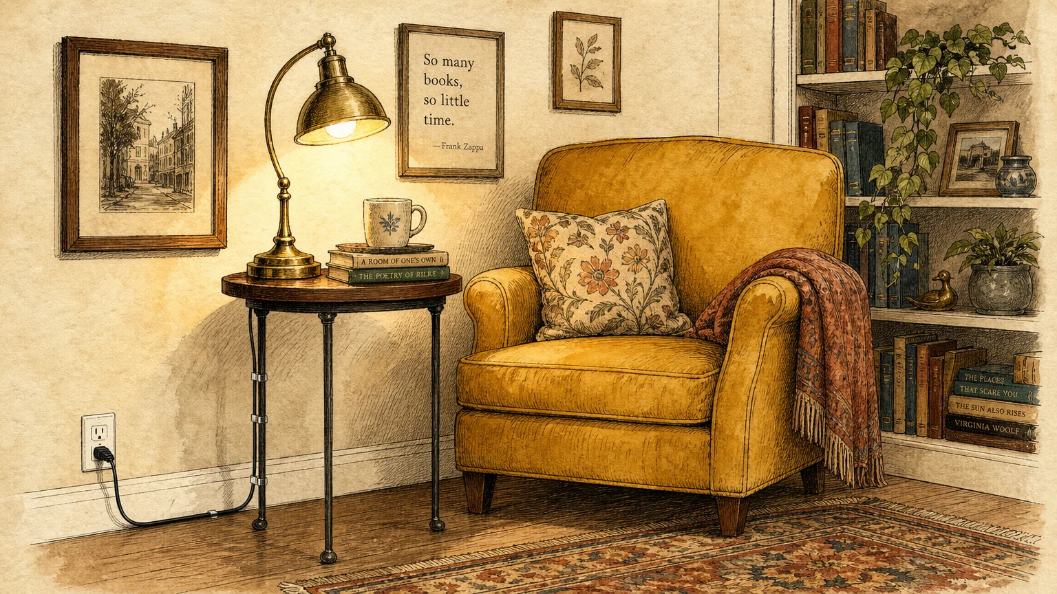 An ink and watercolor sketch of a cozy armchair and end table, showing a lamp cord neatly secured down the table leg.