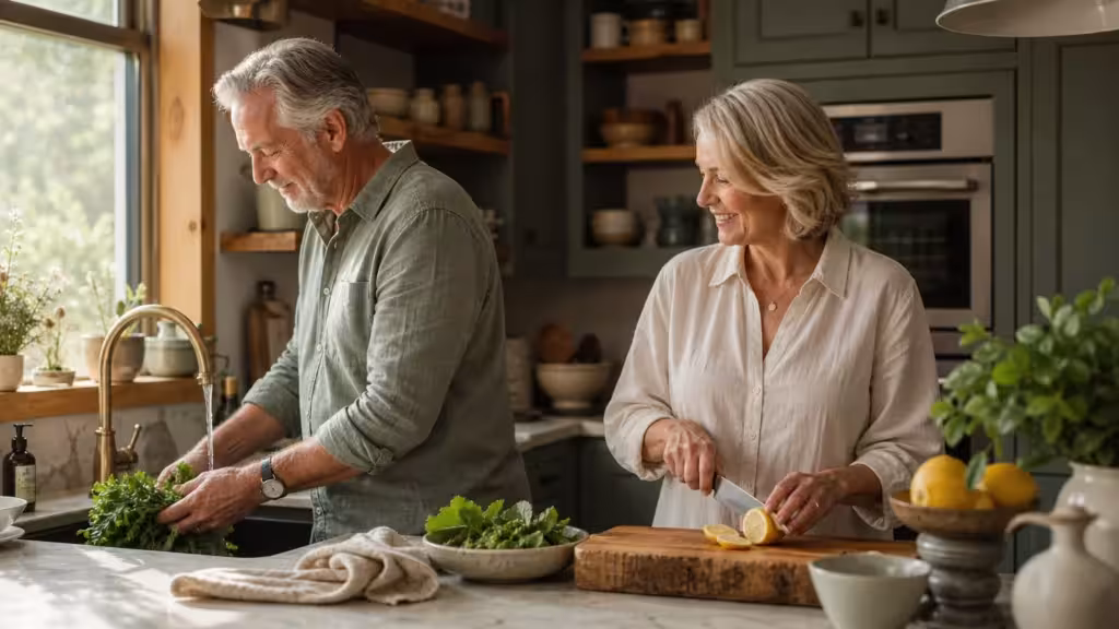 An older couple cooks happily in a warm, sunlit kitchen with safe, accessible features and a wooden cutting board.