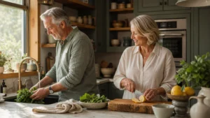 An older couple cooks happily in a warm, sunlit kitchen with safe, accessible features and a wooden cutting board.