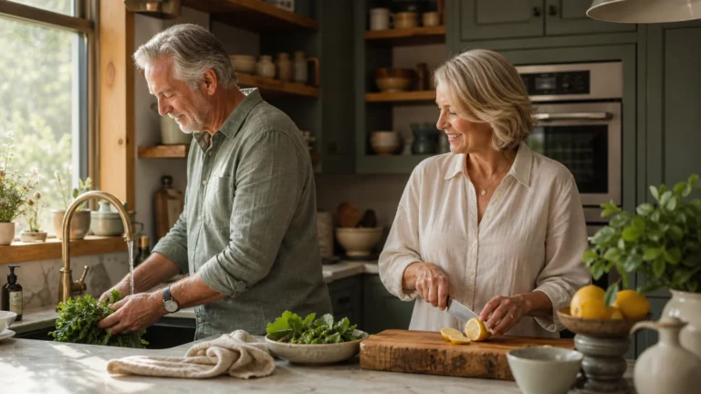 An older couple cooks happily in a warm, sunlit kitchen with safe, accessible features and a wooden cutting board.