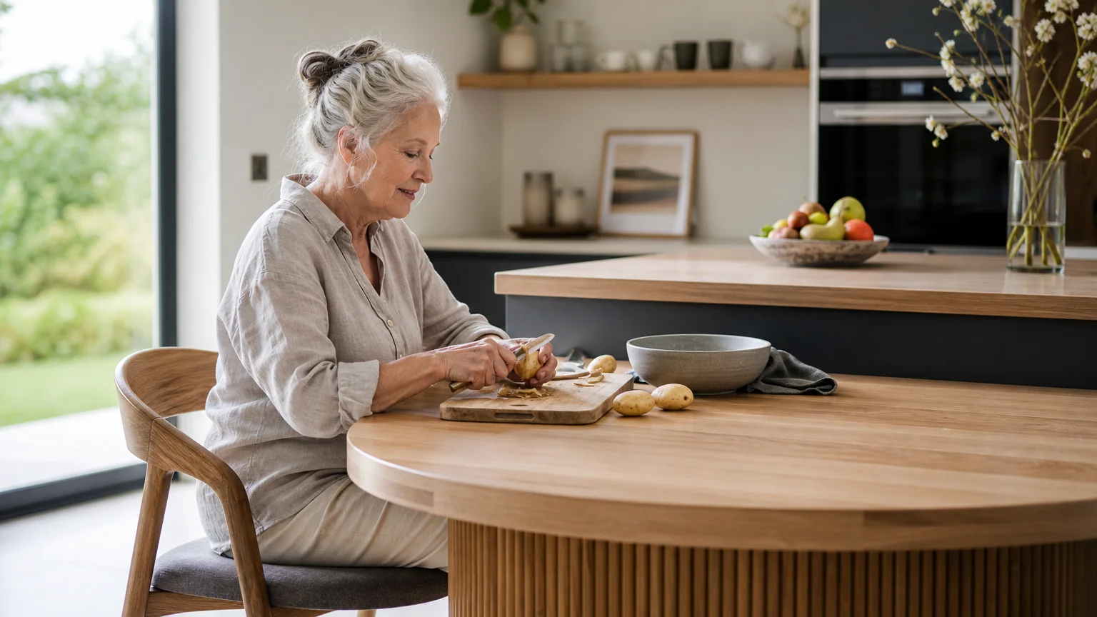 An older woman sits comfortably at a lowered kitchen island section, prepping food without standing.