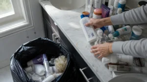 An overhead shot of a person sorting through bathroom clutter on a marble counter, tossing old items into a black garbage bag.