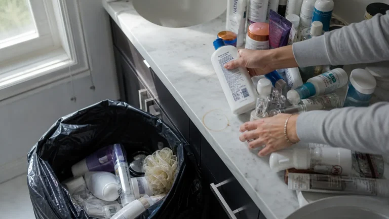 An overhead shot of a person sorting through bathroom clutter on a marble counter, tossing old items into a black garbage bag.