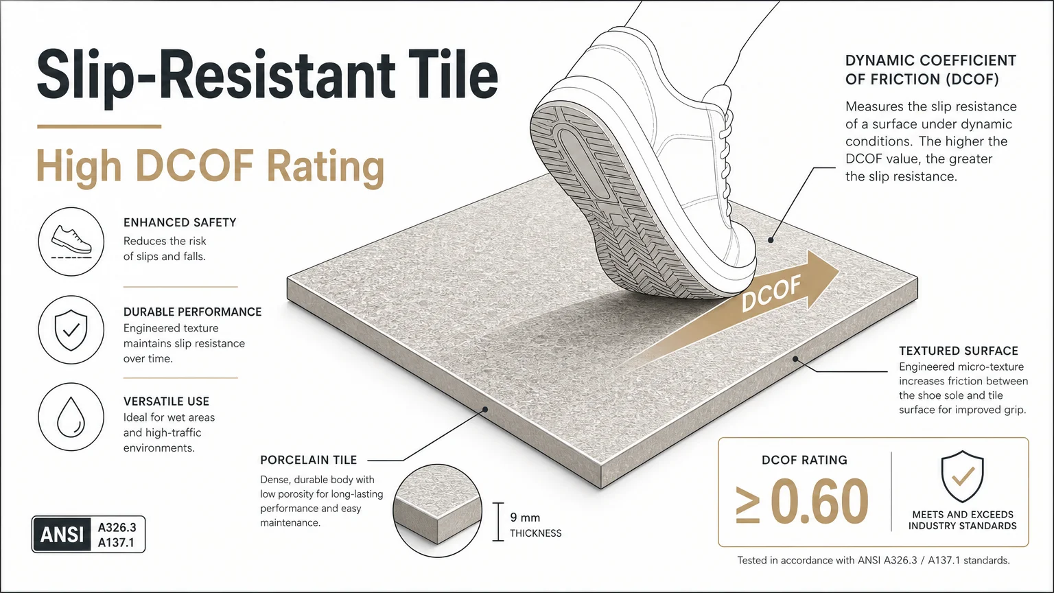 Architectural diagram showing a shoe sole stepping on a textured tile, labeled high DCOF rating.