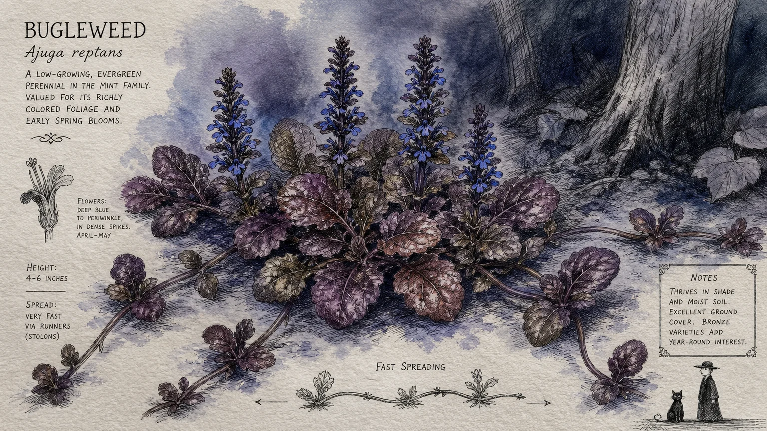 Botanical illustration of Bugleweed with deep purple leaves and blue flower spikes spreading across the ground.