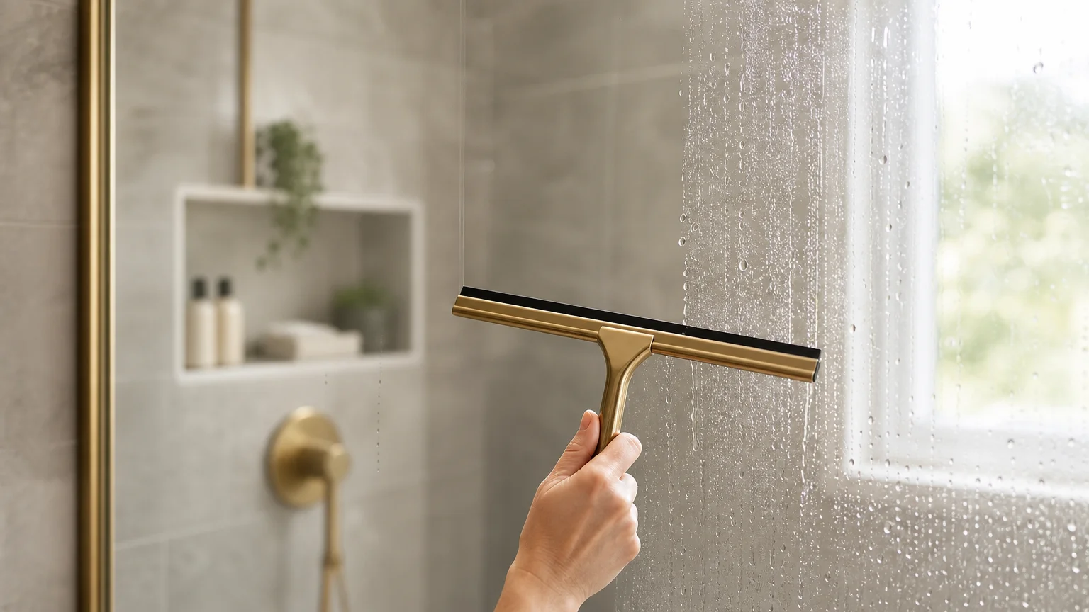 Close-up of a brass squeegee wiping water droplets off a glass shower door, leaving a clean, dry streak.