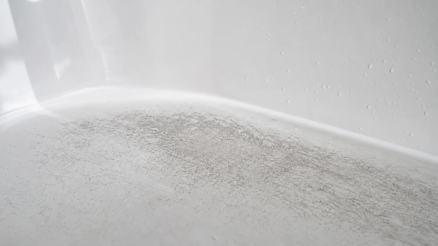 Close-up of a fiberglass bathtub floor showing a scuffed, dull surface that has trapped fine gray dirt.