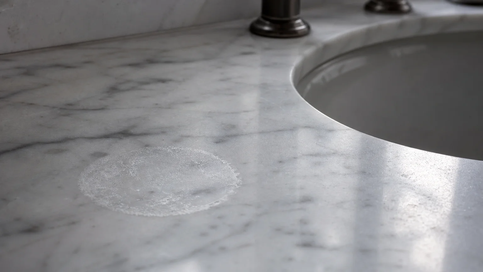 Close-up of a white marble countertop showing a dull, circular acid etch mark caused by vinegar.