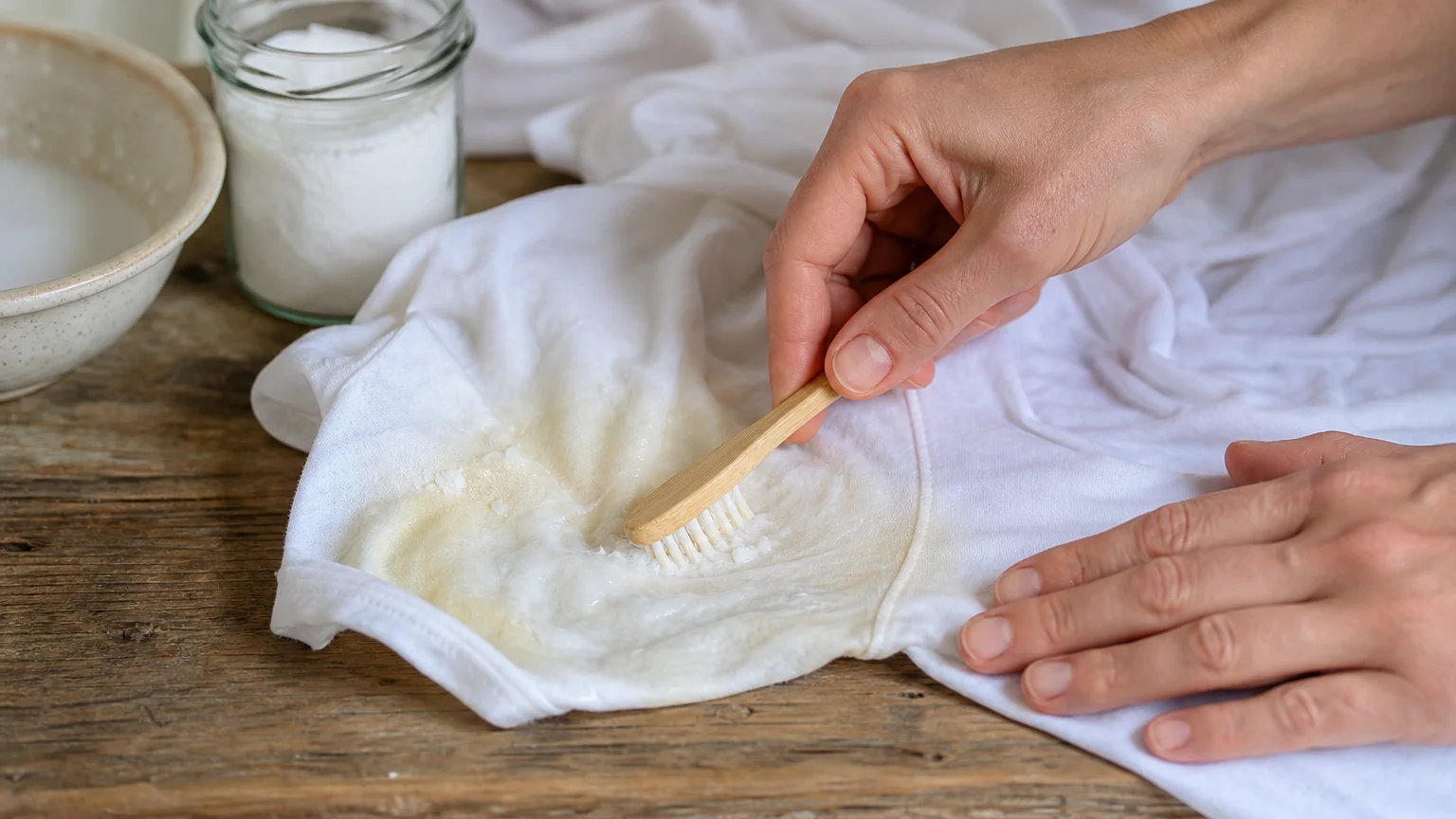 Close-up of hands brushing a white paste of baking soda onto the underarm of a white t-shirt with a bamboo toothbrush.